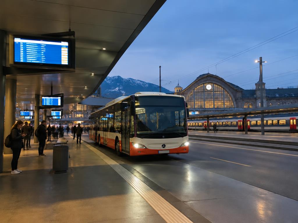 Terminal bus alla stazione al tramonto